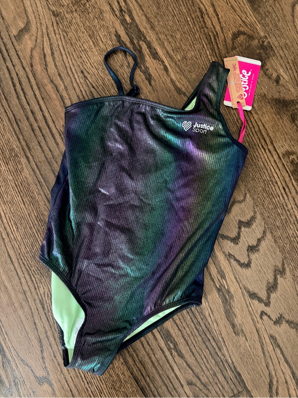 Justice Sport Girls' Iridescent One-Shoulder Swim Suit - Green/Purple